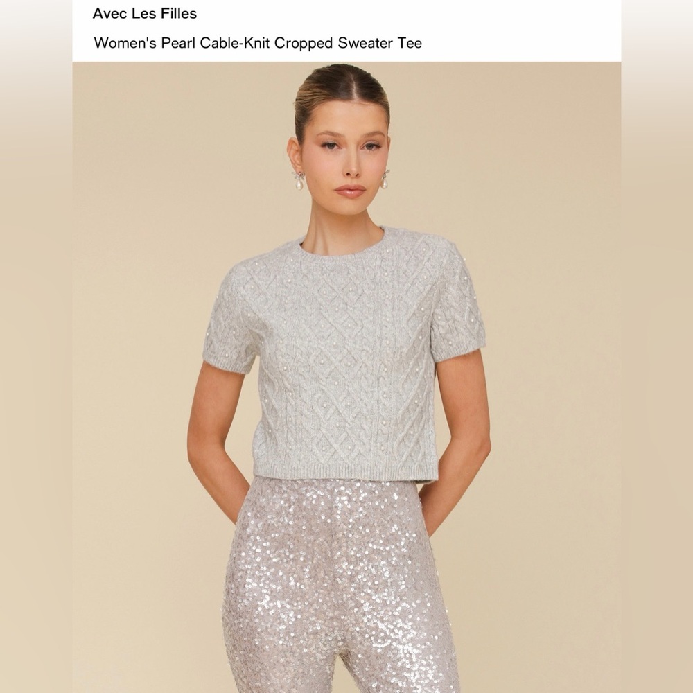 Avec Les Filles Women's Pearl Cable-Knit Cropped Sweater Tee